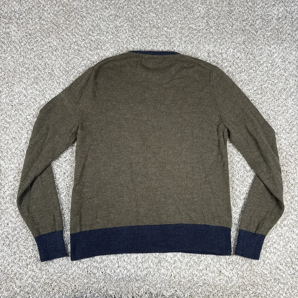 J Crew Sweater Mens L Green Crewneck Ribbed Contrast Hem Cotton Wool - Picture 9 of 12